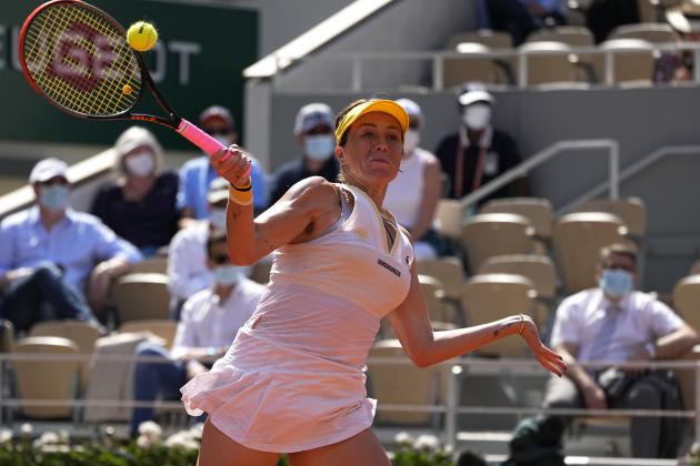 Russia's Anastasia Pavlyuchenkova returns the ball to Slovenia's Tamara Zidansek during their semifinal match of the French Open tennis tournament at the Roland Garros stadium Thursday, June 10, 2021 in Paris. (AP Photo/Michel Euler)