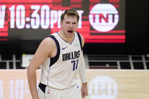 Dallas Mavericks guard Luka Doncic celebrates after they scored during the second half in Game 5 of an NBA basketball first-round playoff series against the Los Angeles Clippers Wednesday, June 2, 2021, in Los Angeles. (AP Photo/Mark J. Terrill) Dallas Mavericks guard Luka Doncic celebrates after they scored during the second half in Game 5 of an NBA basketball first-round playoff series against the Los Angeles Clippers Wednesday, June 2, 2021, in Los Angeles. (AP Photo/Mark J. Terrill)