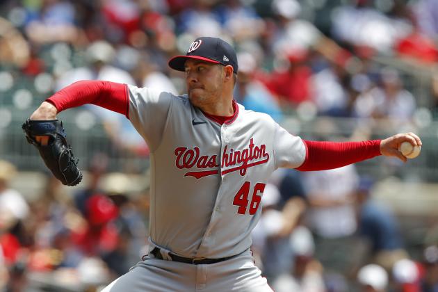 ATLANTA, GA - JUNE 03: Patrick Corbin #46 of the Washington Nationals delivers the pitch in the first inning of an MLB game against the Atlanta Braves at Truist Park on June 3, 2021 in Atlanta, Georgia. (Photo by Todd Kirkland/Getty Images)