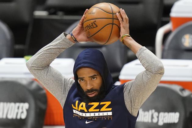 Utah Jazz guard Mike Conley stands on the court before Game 1 of the team's second-round NBA basketball playoff series against the Los Angeles Clippers on Tuesday, June 8, 2021, in Salt Lake City. Conley suffered a mild right hamstring strain in Game 5 against the Grizzlies, and he has been ruled out of Tuesday night's game. (AP Photo/Rick Bowmer)