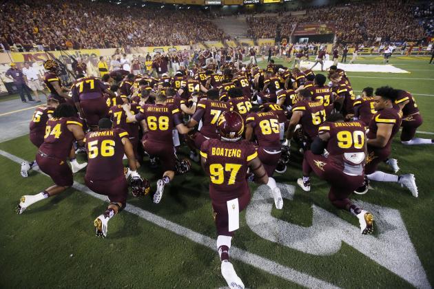 Arizona State football team gather together prior to an NCAA college football game against Southern California Saturday, Sept. 26, 2015, in Tempe, Ariz. (AP Photo/Ross D. Franklin)