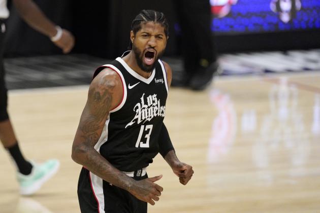 Los Angeles Clippers guard Paul George celebrates after scoring during the first half in Game 3 of the NBA basketball Western Conference Finals against the Phoenix Suns Thursday, June 24, 2021, in Los Angeles. (AP Photo/Mark J. Terrill)