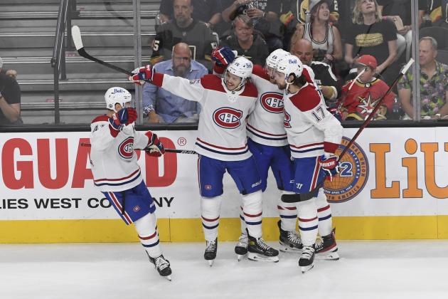 The Montreal Canadiens celebrate a goal by Montreal Canadiens center Jesperi Kotkaniemi, second left, during the first period in Game 5 of an NHL hockey Stanley Cup semifinal playoff series against the Vegas Golden Knights Tuesday, June 22, 2021, in Las Vegas. (AP Photo/David Becker)
