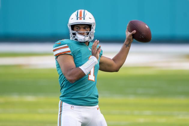 Miami Dolphins quarterback Tua Tagovailoa (1) throws the ball as he warms up on the field before the Dolphins take on the Kansas City Chiefs during an NFL football game, Sunday, Dec. 13, 2020, in Miami Gardens, Fla. (AP Photo/Doug Murray)
