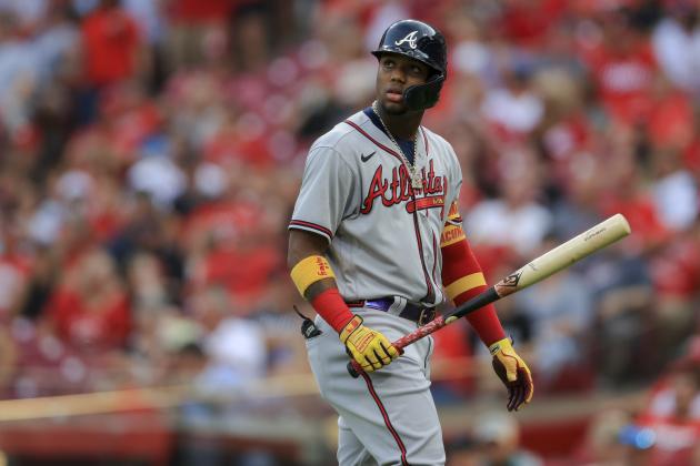 Atlanta Braves' Ronald Acuna Jr. walks to the dugout after batting during a baseball game against the Cincinnati Reds in Cincinnati, Friday, June 25, 2021. The Braves won 3-2. (AP Photo/Aaron Doster)