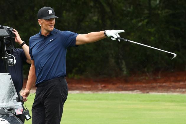 HOBE SOUND, FLORIDA - MAY 24: NFL player Tom Brady of the Tampa Bay Buccaneers reacts after holing out from the fairway on the seventh during The Match: Champions For Charity at Medalist Golf Club on May 24, 2020 in Hobe Sound, Florida. (Photo by Mike Ehrmann/Getty Images for The Match)