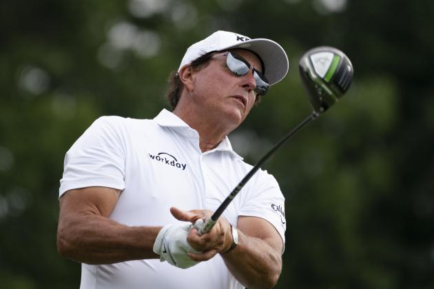 Phil Mickelson watches his shot off the first tee during the third round of the Travelers Championship golf tournament at TPC River Highlands, Saturday, June 26, 2021, in Cromwell, Conn. (AP Photo/John Minchillo)
