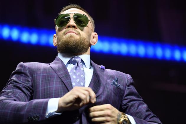 LAS VEGAS, NEVADA - JULY 08: Conor McGregor of Ireland walks on stage during the UFC 264 press conference at T-Mobile Arena on July 08, 2021 in Las Vegas, Nevada. (Photo by Chris Unger/Zuffa LLC)