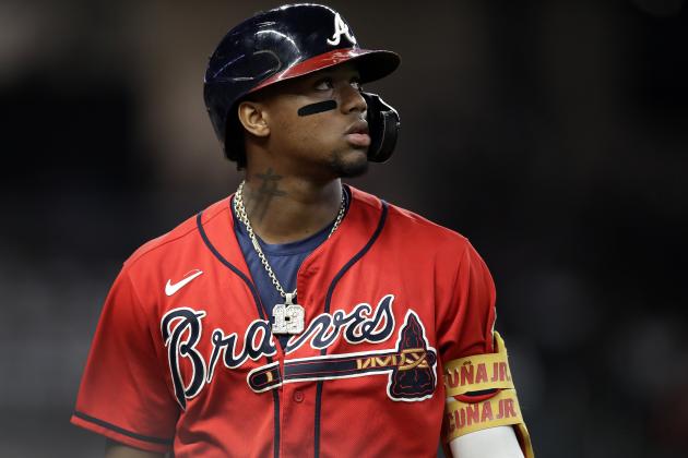 Atlanta Braves' Ronald Acuna Jr. against the Miami Marlins during a baseball game Friday, July 2, 2021, in Atlanta. (AP Photo/Ben Margot)