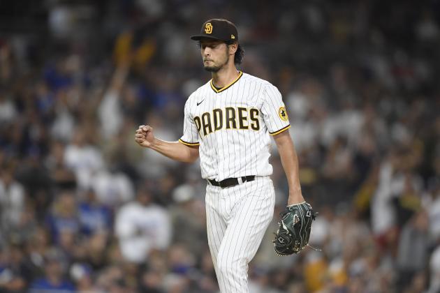 San Diego Padres starting pitcher Yu Darvish (11) pumps his fist after getting the final out during the sixth inning of a baseball game against the Los Angeles Dodgers Monday, June 21, 2021, in San Diego. (AP Photo/Denis Poroy)