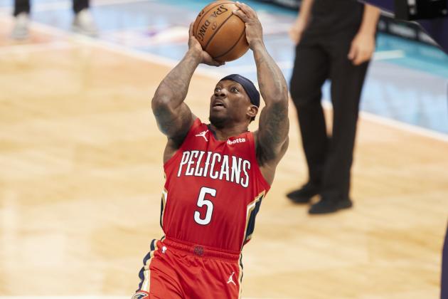 New Orleans Pelicans guard Eric Bledsoe (5) attempts a jump shot during the first half of an NBA basketball game against the Charlotte Hornets, Sunday, May 9, 2021, in Charlotte, N.C. (AP Photo/Brian Westerholt) New Orleans Pelicans guard Eric Bledsoe (5) attempts a jump shot during the first half of an NBA basketball game against the Charlotte Hornets, Sunday, May 9, 2021, in Charlotte, N.C. (AP Photo/Brian Westerholt)
