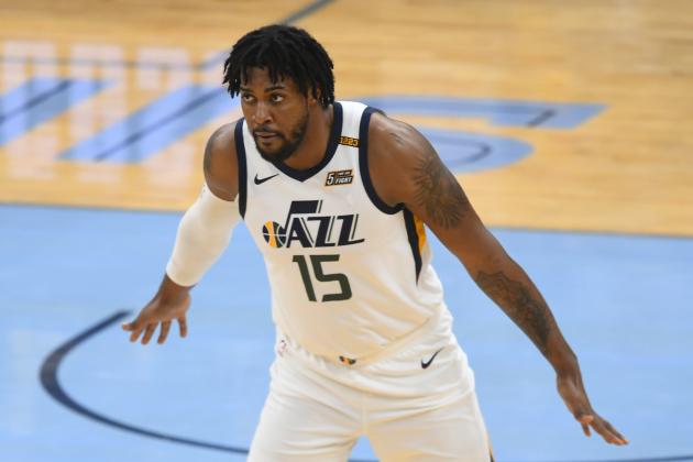 Utah Jazz center Derrick Favors plays defense against the Memphis Grizzlies during the second half of Game 3 of an NBA basketball first-round playoff series Saturday, May 29, 2021, in Memphis, Tenn. (AP Photo/John Amis)