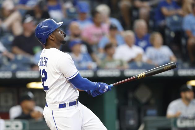 Kansas City Royals' Jorge Soler watches his second home run of the night during the fourth inning of a baseball game against the Chicago White Sox at Kauffman Stadium in Kansas City, Mo., Monday, July 26, 2021. (AP Photo/Colin E. Braley)
