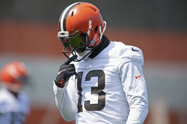Cleveland Browns receiver Odell Beckham Jr. (13) dances during an NFL football practice in Berea, Ohio, Wednesday, July 28, 2021. (AP Photo/David Dermer)