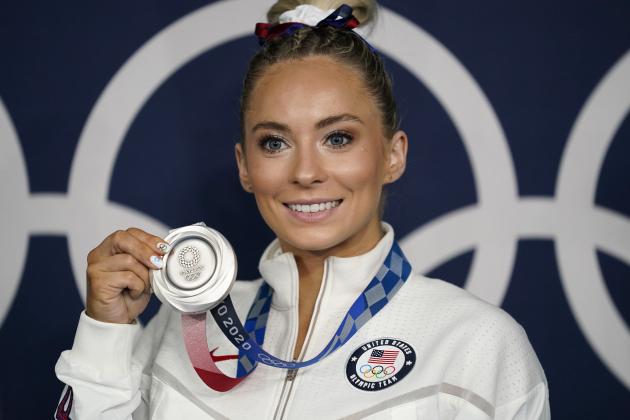 Mykayla Skinner, of United States, poses for a photo with her silver medal for vault after the artistic gymnastics apparatus finals at the 2020 Summer Olympics, Sunday, Aug. 1, 2021, in Tokyo, Japan. (AP Photo/Ashley Landis)