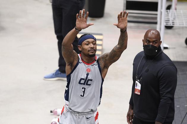 Washington Wizards guard Bradley Beal (3) reacts after Game 4 in a first-round NBA basketball playoff series against the Philadelphia 76ers, Monday, May 31, 2021, in Washington. (AP Photo/Nick Wass)