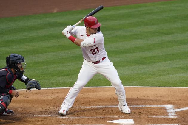 Los Angeles Angels' Mike Trout (27) steps up bats during the first inning of a baseball game against the Cleveland Indians Monday, May 17, 2021, in Los Angeles. (AP Photo/Ashley Landis) Los Angeles Angels' Mike Trout (27) steps up bats during the first inning of a baseball game against the Cleveland Indians Monday, May 17, 2021, in Los Angeles. (AP Photo/Ashley Landis)