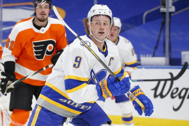 FILE - Buffalo Sabres forward Jack Eichel (9) is shown during the second period of an NHL hockey game against the Philadelphia Flyers in Buffalo, N.Y., in this Sunday, Feb. 28, 2021, file photo. The Buffalo Sabres have ruled out captain Jack Eichel for the rest of the season because of a neck injury. The team said Wednesday, April 14, 2021, that Eichel has a herniated disk and is expected to be healthy for the start of next season. (AP Photo/Jeffrey T. Barnes)