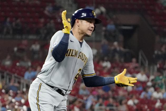 Milwaukee Brewers' Avisail Garcia celebrates as he rounds the bases after hitting a solo home run during the fifth inning of a baseball game against the St. Louis Cardinals Wednesday, Aug. 18, 2021, in St. Louis. (AP Photo/Jeff Roberson)