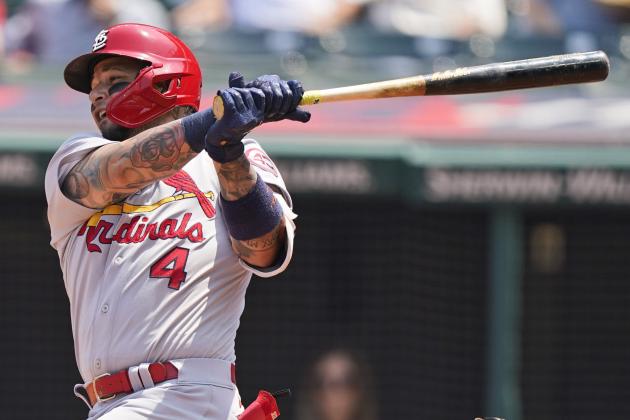 St. Louis Cardinals' Yadier Molina hits an RBI-single in the first inning of a baseball game against the Cleveland Indians, Wednesday, July 28, 2021, in Cleveland. (AP Photo/Tony Dejak) St. Louis Cardinals' Yadier Molina hits an RBI-single in the first inning of a baseball game against the Cleveland Indians, Wednesday, July 28, 2021, in Cleveland. (AP Photo/Tony Dejak)