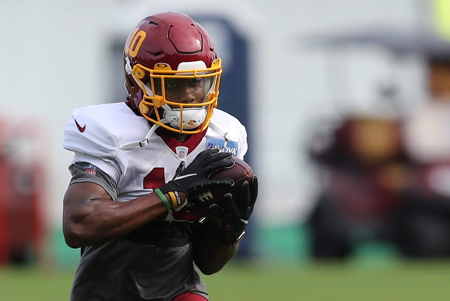 August 9, 2021: Washington Football Team wide receiver Terry McLaurin (17)  runs an out route during the team's NFL football training camp practice at  the Washington Football Team Facilities in Ashburn, Virginia