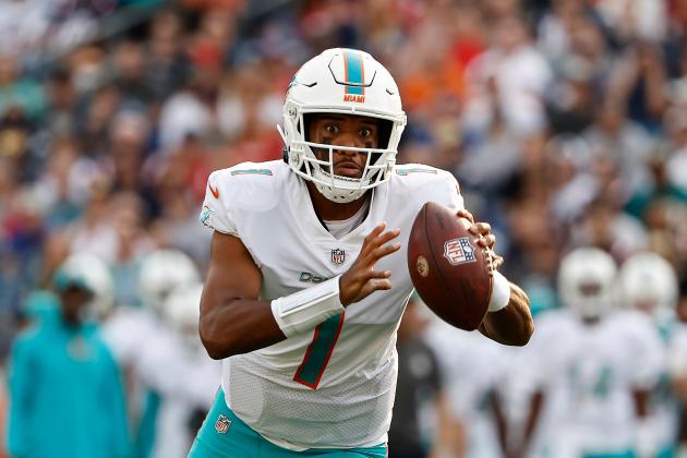Miami Dolphins quarterback Tua Tagovailoa looks to throw against the New England Patriots during the first half of an NFL football game, Sunday, Sept. 12, 2021, in Foxborough, Mass. (AP Photo/Winslow Townson)