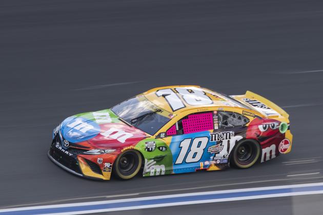 Kyle Busch (18) drives during a NASCAR Cup Series auto racing race at Charlotte Motor Speedway, Sunday, Oct. 10, 2021, in Concord, N.C. (AP Photo/Matt Kelley)