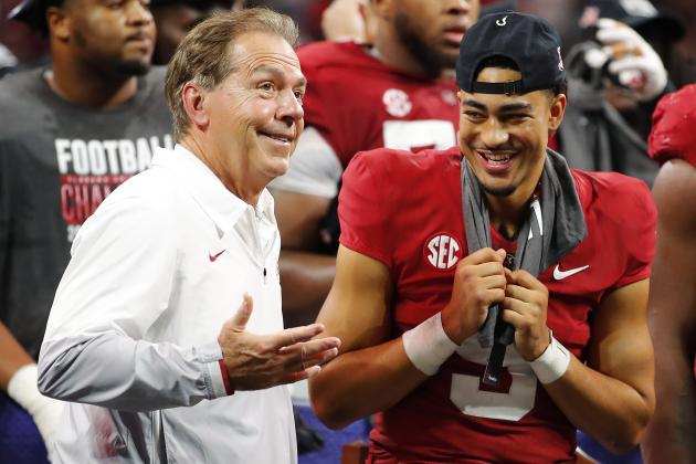 ATLANTA, GEORGIA - DECEMBER 04:  Head coach Nick Saban of the Alabama Crimson Tide and Bryce Young #9 of the Alabama Crimson Tide celebrate their win against the Georgia Bulldogs after the SEC Championship game at Mercedes-Benz Stadium on December 04, 2021 in Atlanta, Georgia. (Photo by Todd Kirkland/Getty Images)