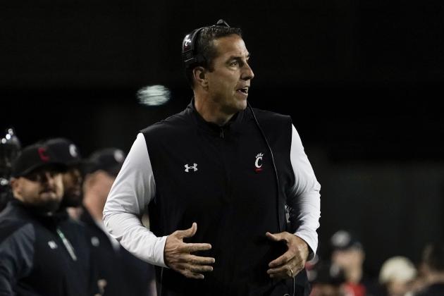 Cincinnati head coach Luke Fickell stands on the sidelines during the second half of an NCAA college football game against Tulsa Saturday, Nov. 6, 2021, in Cincinnati. (AP Photo/Jeff Dean)
