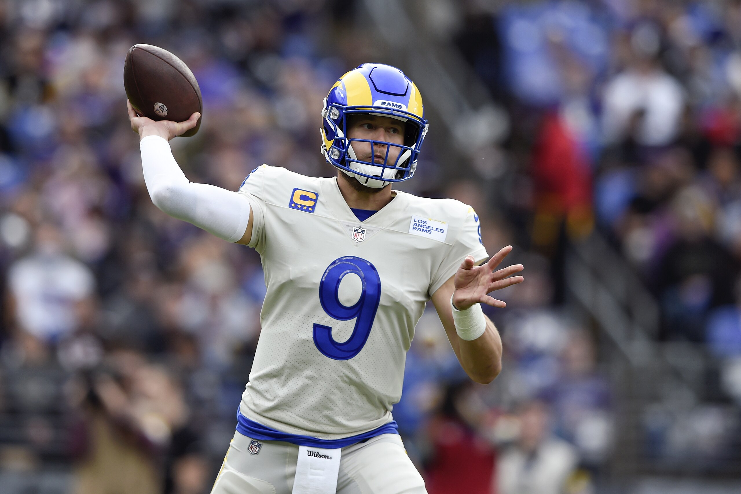 Los Angeles Rams quarterback Matthew Stafford throws a pass against the Baltimore Ravens during the first half of an NFL football game, Sunday, Jan. 2, 2022, in Baltimore. (AP Photo/Gail Burton) Los Angeles Rams quarterback Matthew Stafford throws a pass against the Baltimore Ravens during the first half of an NFL football game, Sunday, Jan. 2, 2022, in Baltimore. (AP Photo/Gail Burton)