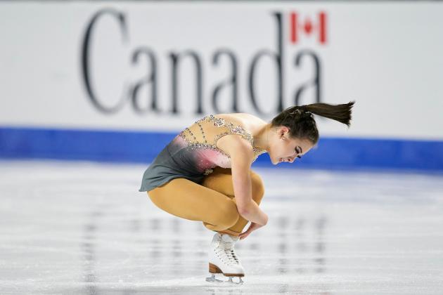 Emily Bausback of Canada skates her short program in the womens competition at Skate Canada International in Vancouver, British Columbia on October 29, 2021. (Photo by Geoff Robins / AFP) (Photo by GEOFF ROBINS/AFP via Getty Images)