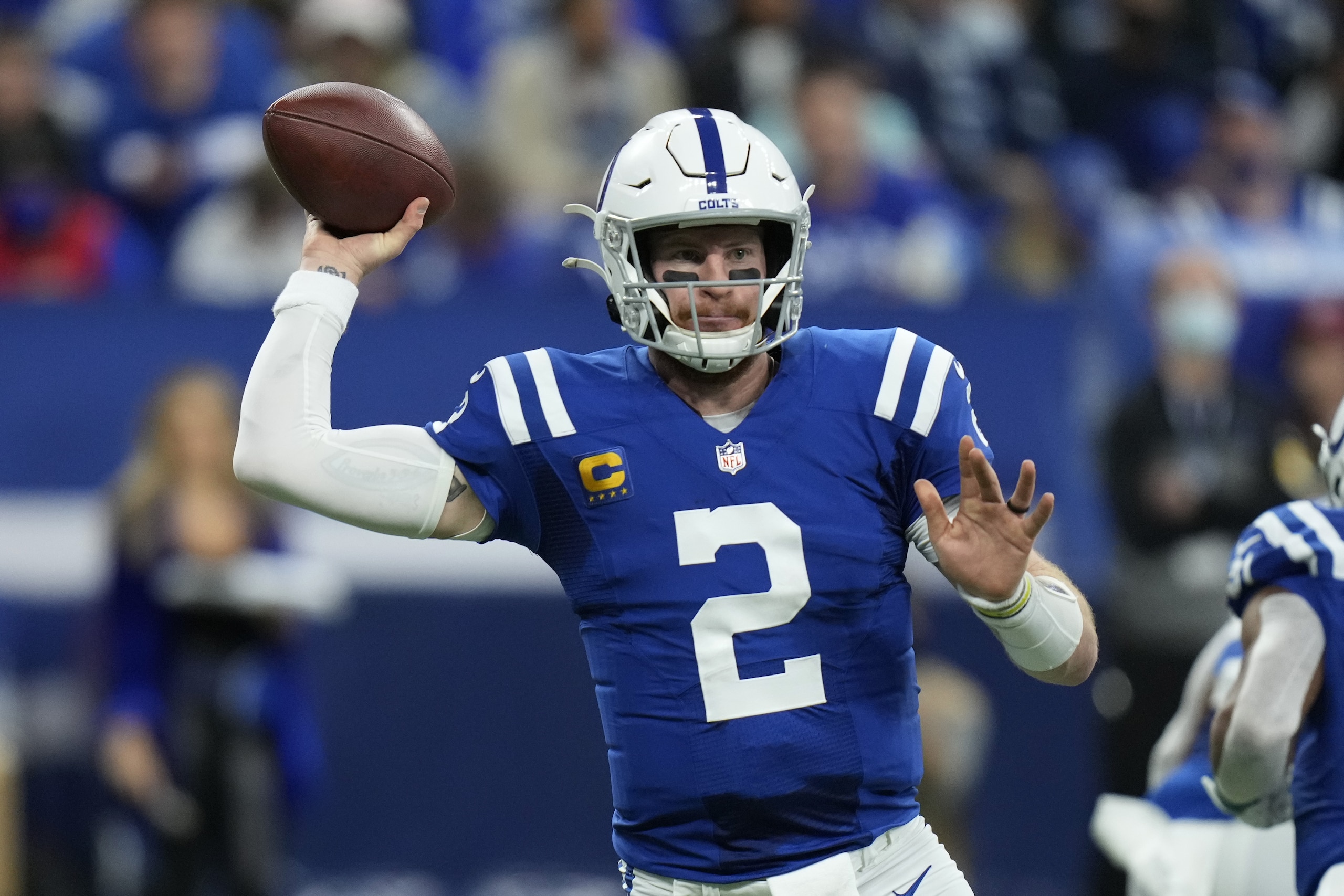 Indianapolis Colts quarterback Carson Wentz (2) throws a pass during the second half of an NFL football game against the Las Vegas Raiders, Sunday, Jan. 2, 2022, in Indianapolis. (AP Photo/AJ Mast)