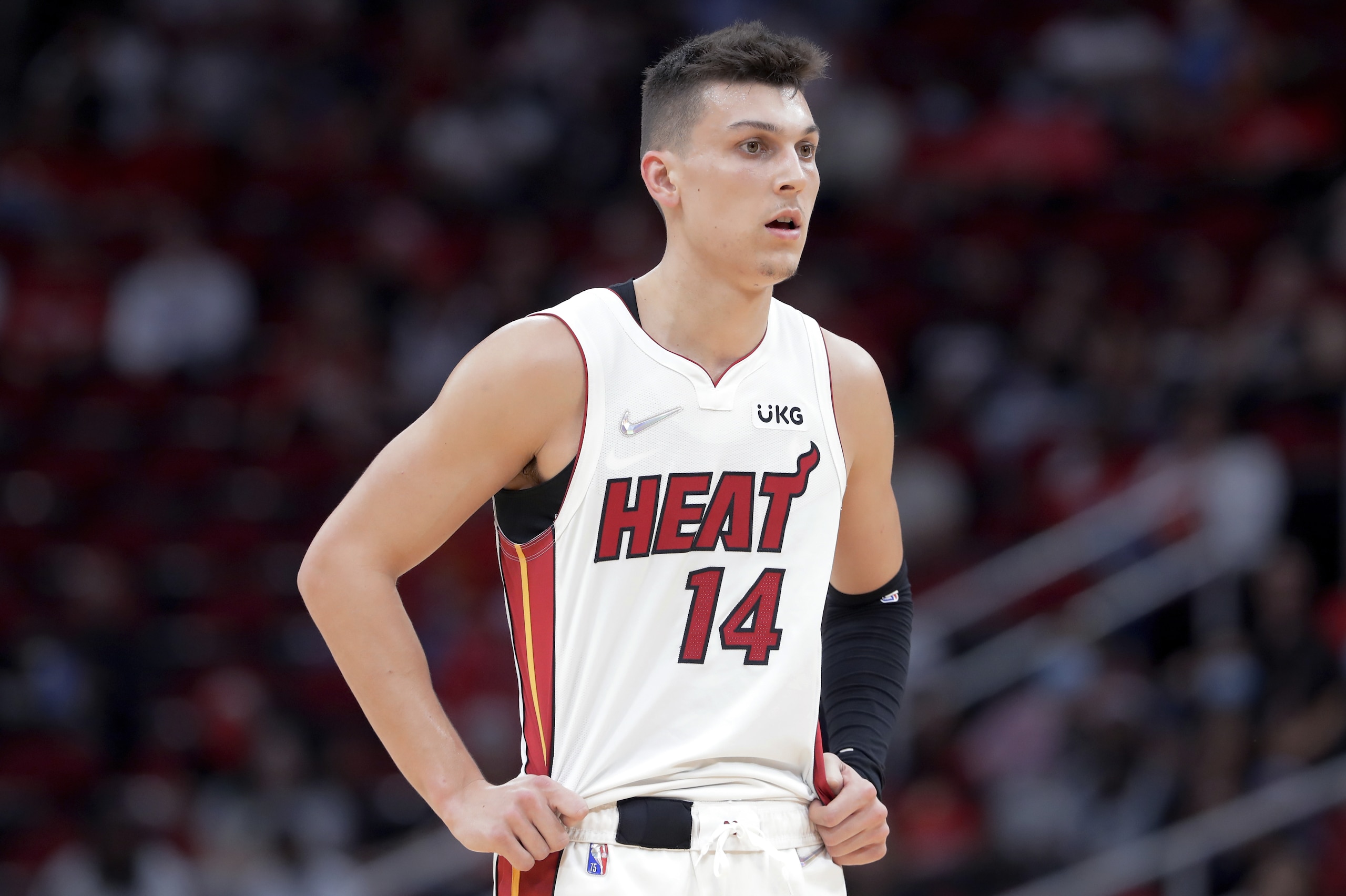 Miami Heat guard Tyler Herro (14) during the first half of an NBA basketball game against the Houston Rockets Friday, Dec. 31, 2021, in Houston. (AP Photo/Michael Wyke)