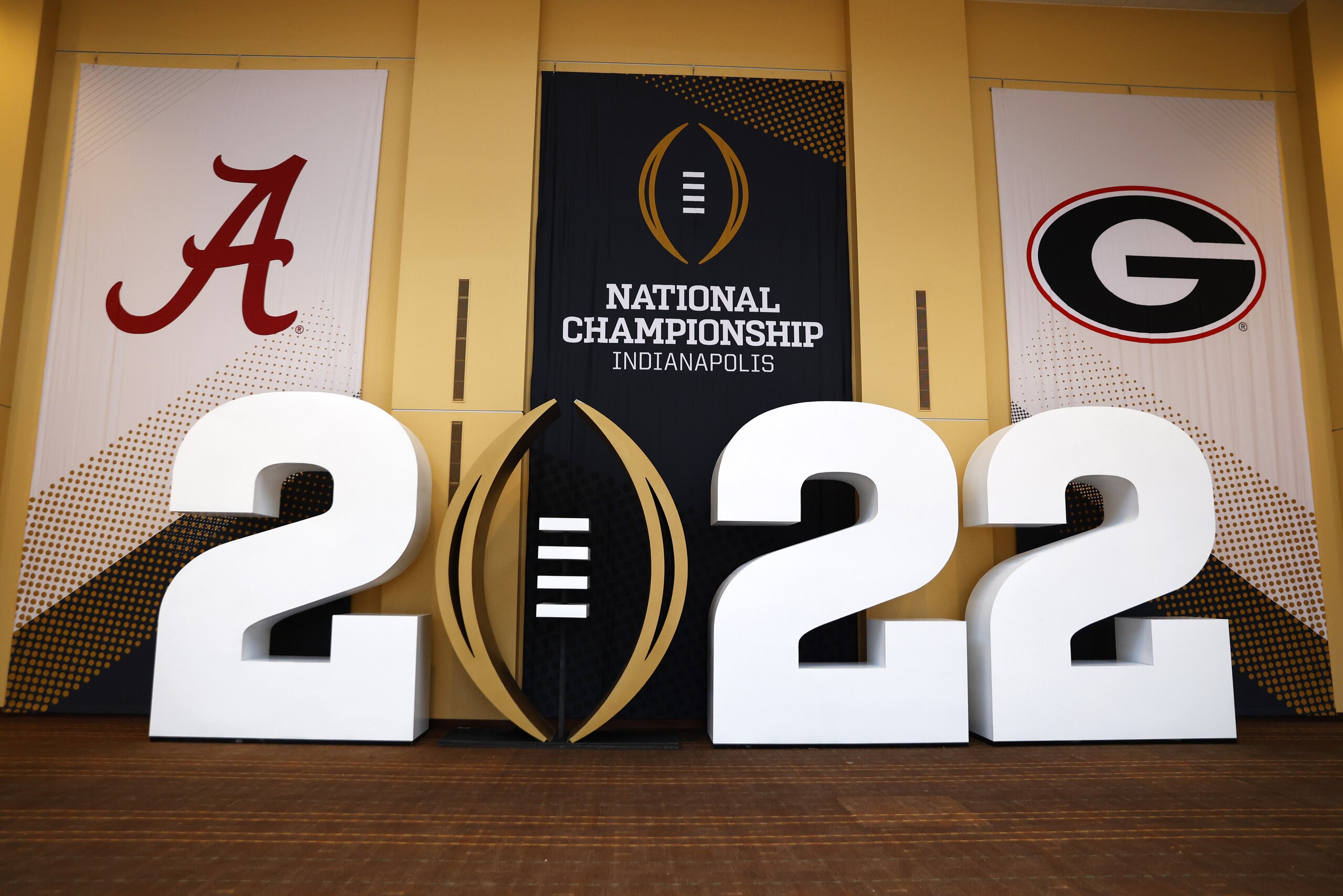 INDIANAPOLIS, IN - JANUARY 08: Signage banners on display in downtown Indianapolis for the 2022 NCAA Men's College Football National Championship Game as seen on January 8, 2022 in Indianapolis, IN. (Photo by Brian Spurlock/Icon Sportswire via Getty Images) INDIANAPOLIS, IN - JANUARY 08: Signage banners on display in downtown Indianapolis for the 2022 NCAA Men's College Football National Championship Game as seen on January 8, 2022 in Indianapolis, IN. (Photo by Brian Spurlock/Icon Sportswire via Getty Images)