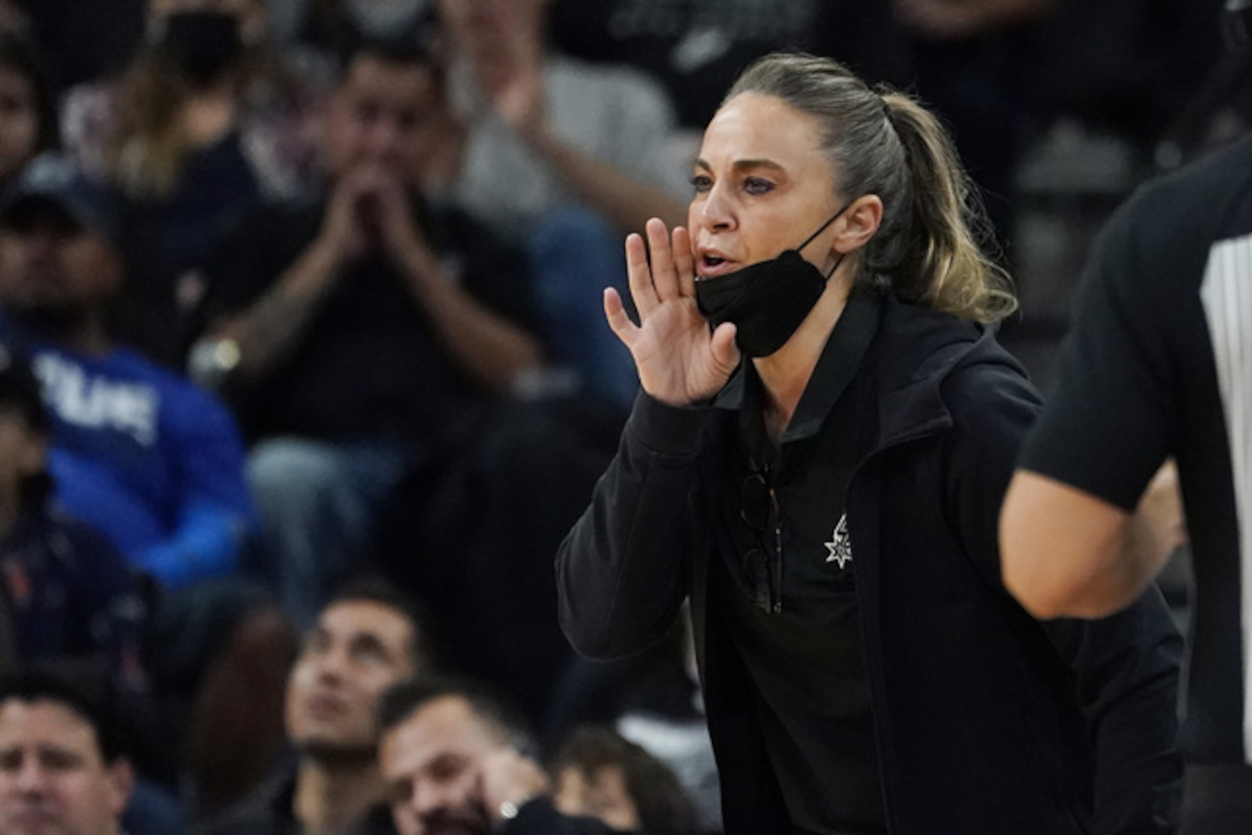 San Antonio Spurs assistant coach Becky Hammon during the first half of an NBA basketball game against the Dallas Mavericks, Friday, Nov. 12, 2021, in San Antonio. (AP Photo/Eric Gay)