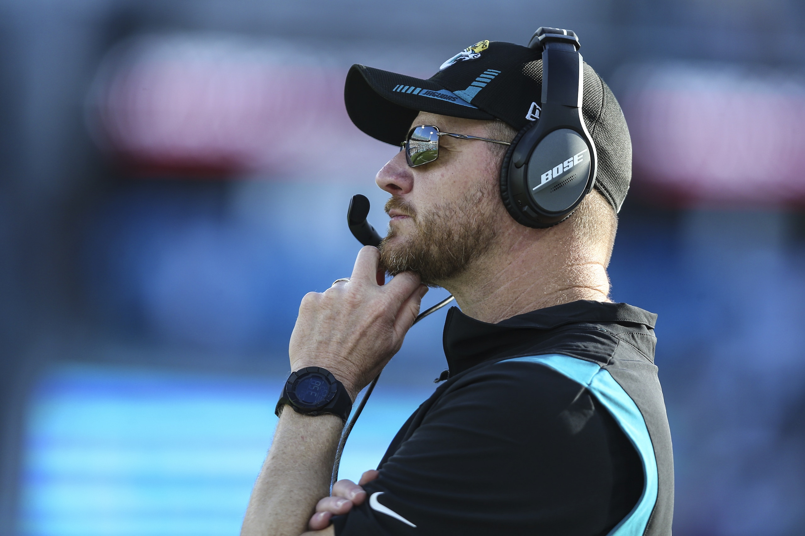 Jacksonville Jaguars interim head coach Darrell Bevell watches from the sidelines during the final minutes of an NFL football game against the Indianapolis Colts, Sunday, Jan. 9, 2022, in Jacksonville, Fla. The Jaguars defeated the Colts 26-11. (AP Photo/Gary McCullough) Jacksonville Jaguars interim head coach Darrell Bevell watches from the sidelines during the final minutes of an NFL football game against the Indianapolis Colts, Sunday, Jan. 9, 2022, in Jacksonville, Fla. The Jaguars defeated the Colts 26-11. (AP Photo/Gary McCullough)