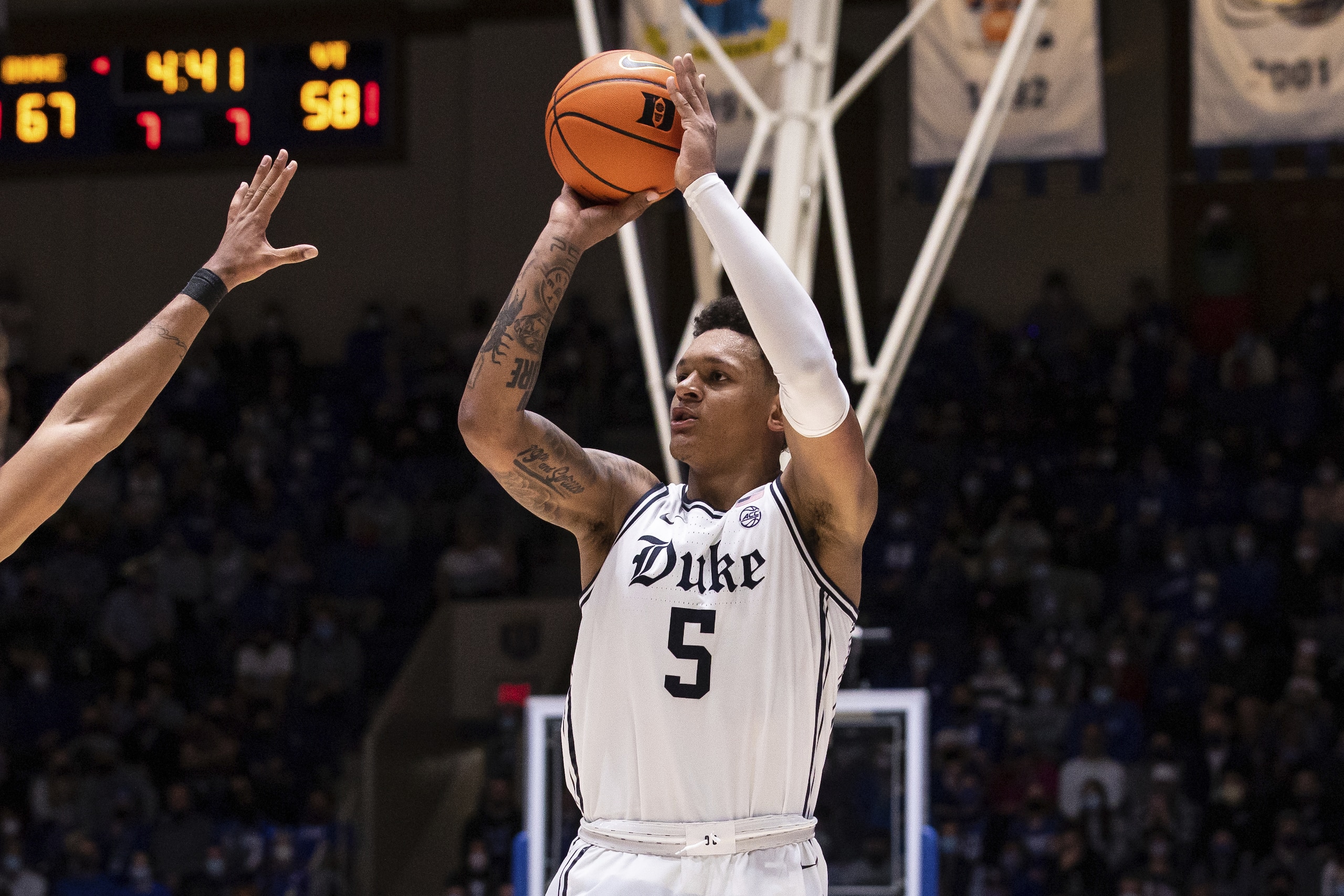 Duke's Paolo Banchero (5) attempts a shot during the second half of an NCAA college basketball game against Virginia Tech in Durham, N.C., Wednesday, Dec. 22, 2021. (AP Photo/Ben McKeown)