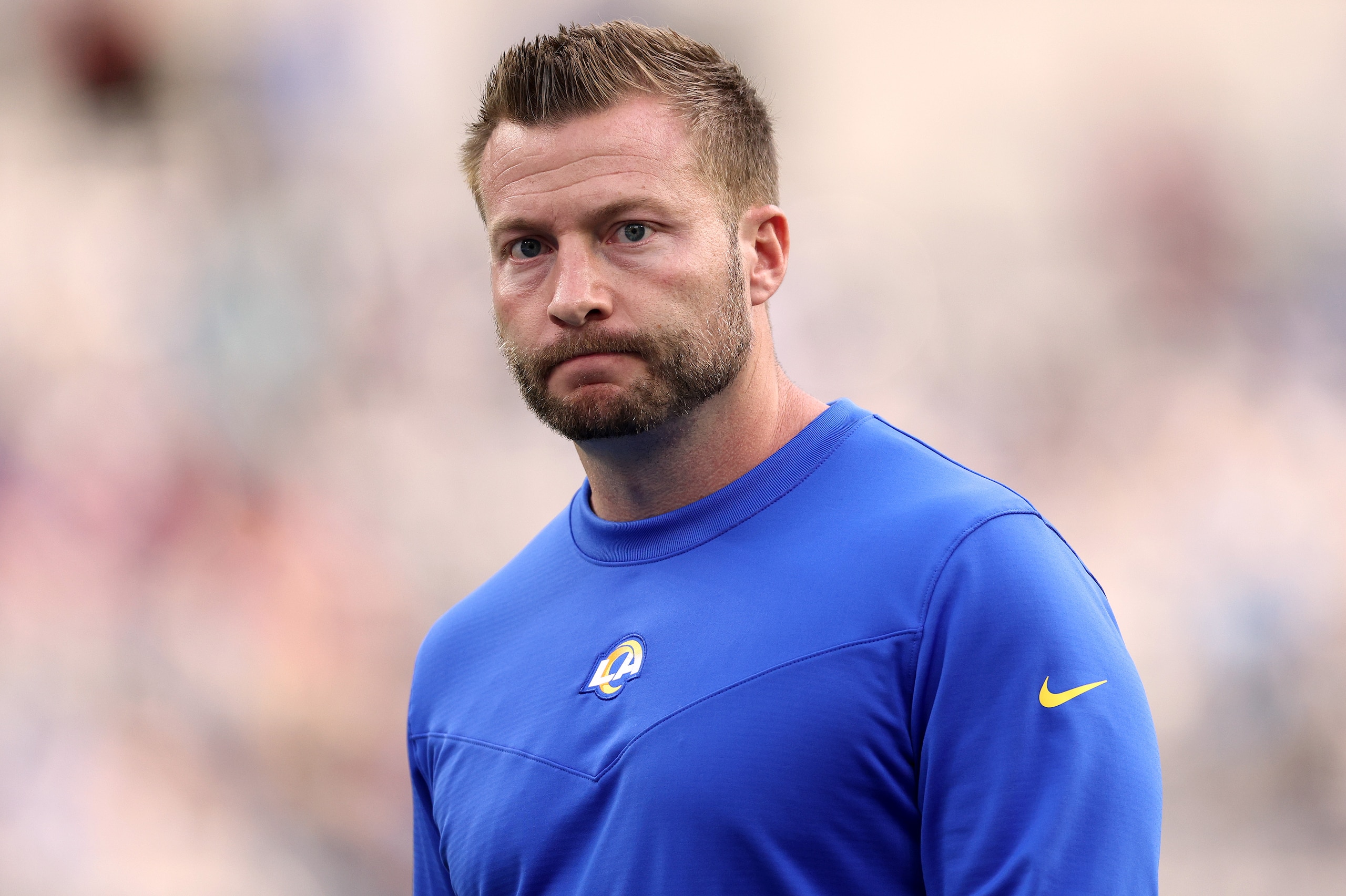 INGLEWOOD, CALIFORNIA - JANUARY 09: Head coach Sean McVay of the Los Angeles Rams during warm up before the game against the San Francisco 49ers at SoFi Stadium on January 09, 2022 in Inglewood, California. (Photo by Harry How/Getty Images)
