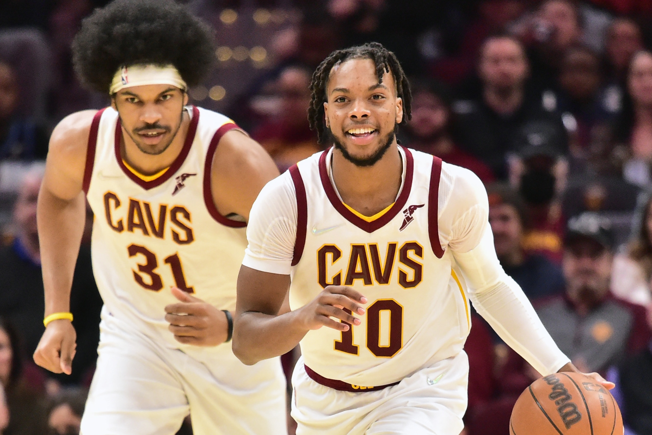 CLEVELAND, OHIO - DECEMBER 15: Jarrett Allen #31 and Darius Garland #10 of the Cleveland Cavaliers brings the ball up court during the first half against the Houston Rockets at Rocket Mortgage Fieldhouse on December 15, 2021 in Cleveland, Ohio. The Cavaliers defeated the Rockets 124-89. NOTE TO USER: User expressly acknowledges and agrees that, by downloading and/or using this photograph, user is consenting to the terms and conditions of the Getty Images License Agreement. (Photo by Jason Miller/Getty Images) CLEVELAND, OHIO - DECEMBER 15: Jarrett Allen #31 and Darius Garland #10 of the Cleveland Cavaliers brings the ball up court during the first half against the Houston Rockets at Rocket Mortgage Fieldhouse on December 15, 2021 in Cleveland, Ohio. The Cavaliers defeated the Rockets 124-89. NOTE TO USER: User expressly acknowledges and agrees that, by downloading and/or using this photograph, user is consenting to the terms and conditions of the Getty Images License Agreement. (Photo by Jason Miller/Getty Images)