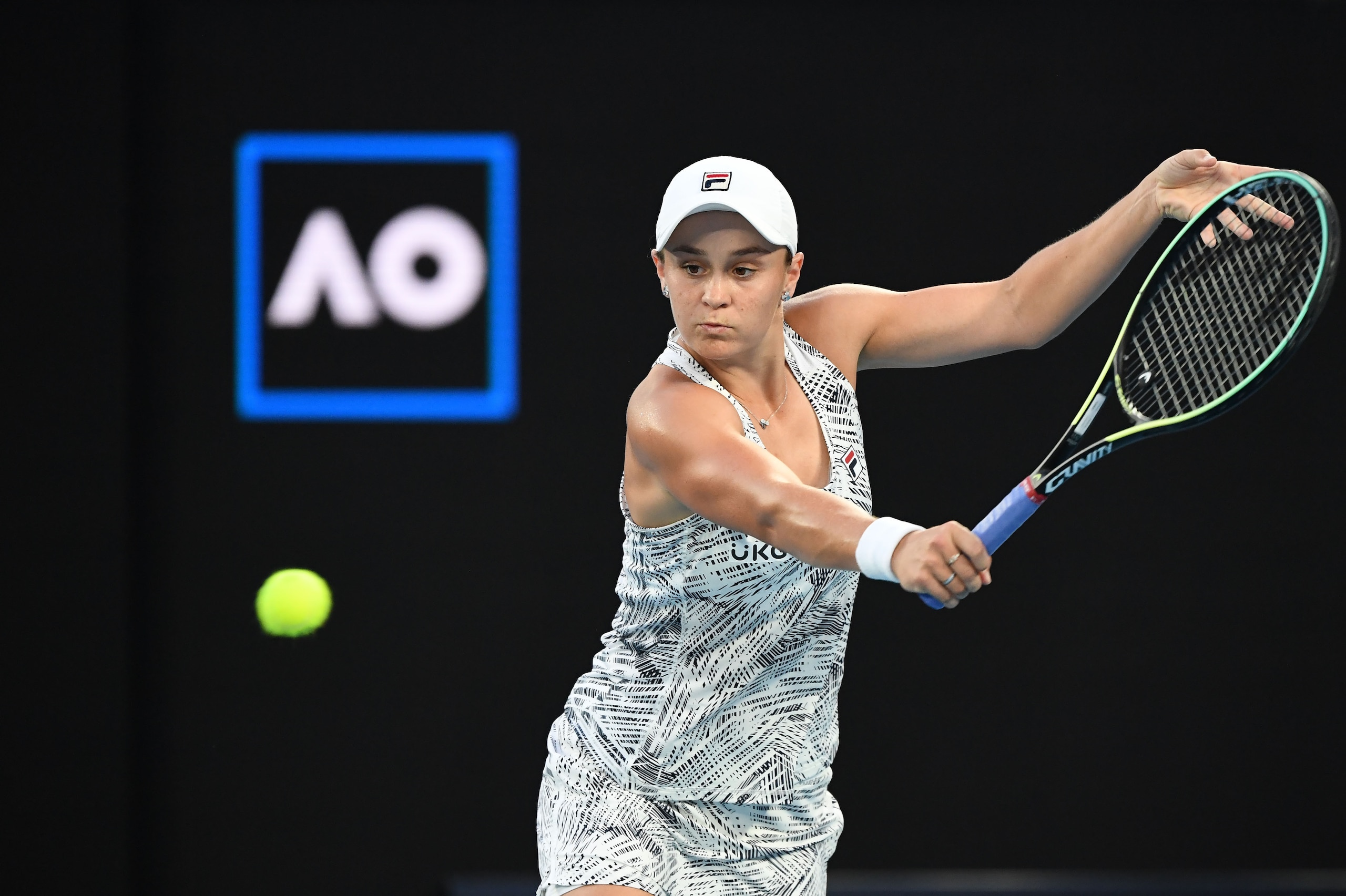 MELBOURNE, AUSTRALIA - JANUARY 25: Ashleigh Barty of Australia in action against Jessica Pegula (not seen) of USA during their women's singles match of the Australian Open Tennis Tournament at Melbourne Park in Melbourne, Australia on January 25, 2022. Barty beat her opponent Pegula with 2-0 and advanced to the semi-final. (Photo by Recep Sakar/Anadolu Agency via Getty Images)