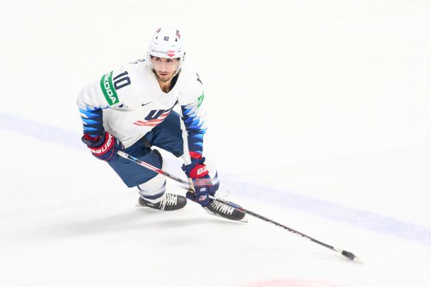 RIGA, LATVIA - MAY 22: Matty Beniers #10 of the United States during the 2021 IIHF Ice Hockey World Championship group stage game between Finland and United States at Arena Riga on May 22, 2021 in Riga, Latvia. (Photo by EyesWideOpen/Getty Images)