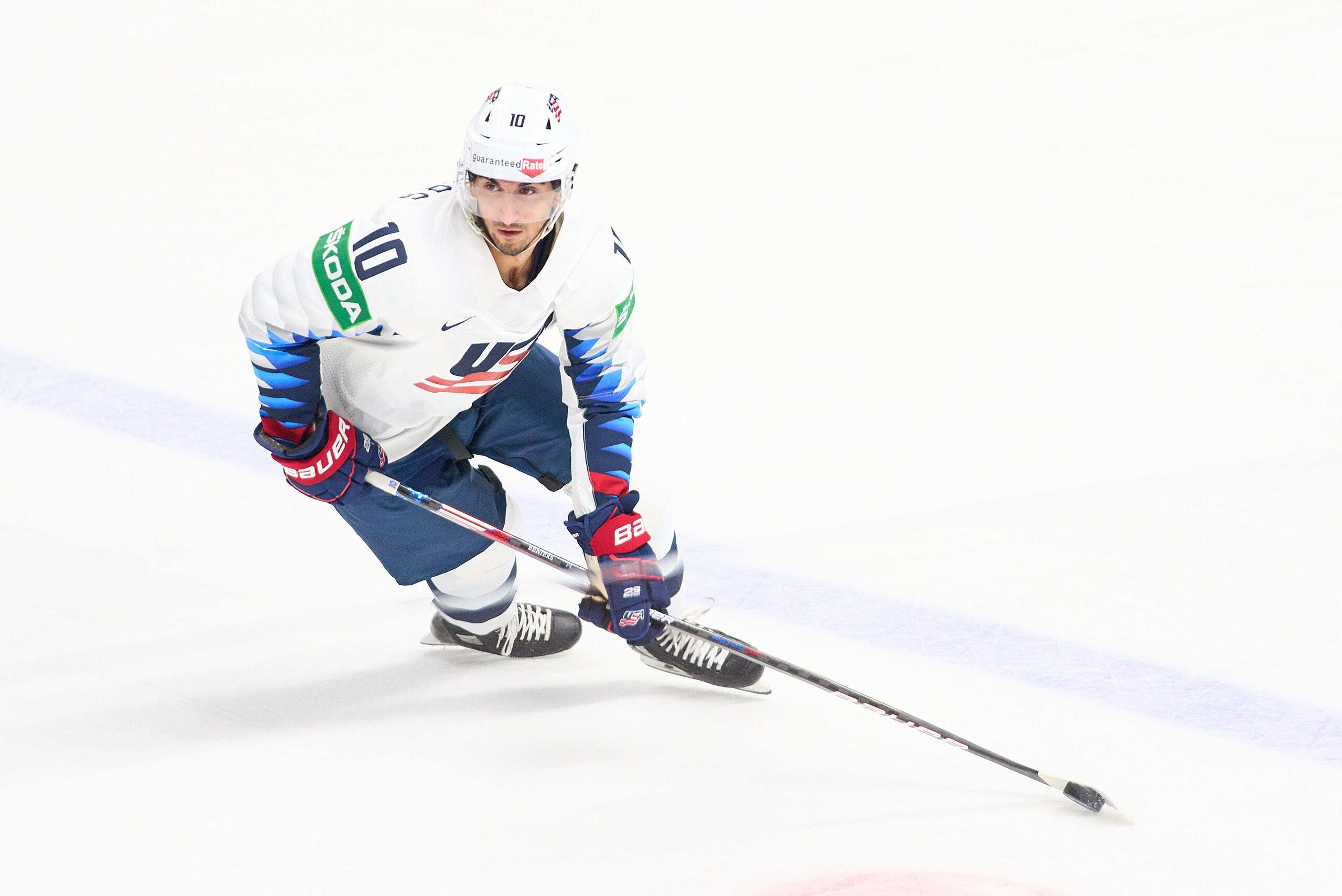 RIGA, LATVIA - MAY 22: Matty Beniers  #10 of  the United States  during the 2021 IIHF Ice Hockey World Championship group stage game between Finland and United States at Arena Riga on May 22, 2021 in Riga, Latvia. (Photo by EyesWideOpen/Getty Images)