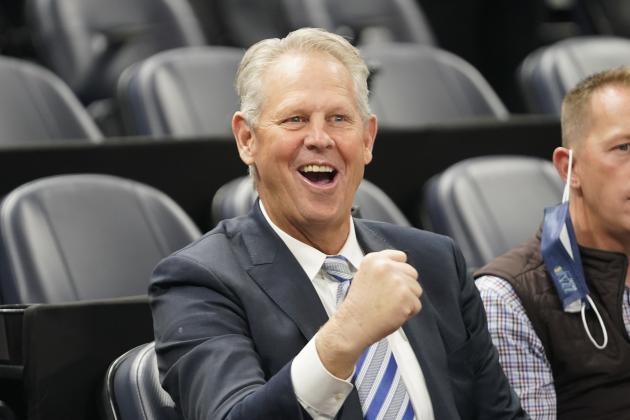 Danny Ainge reacts while he looks on as he arrives prior to their game between the Los Clippers after being appointed Alternate Governor and CEO of Utah Jazz Basketball during an NBA basketball game Wednesday, Dec. 15, 2021, in Salt Lake City. (AP Photo/Rick Bowmer)