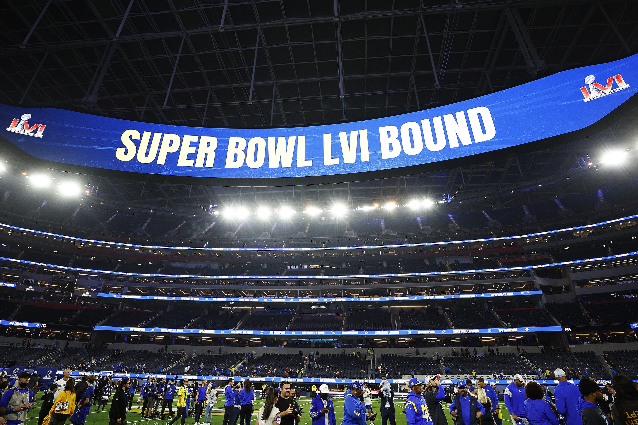 INGLEWOOD, CALIFORNIA - JANUARY 30: The jumbotron reads