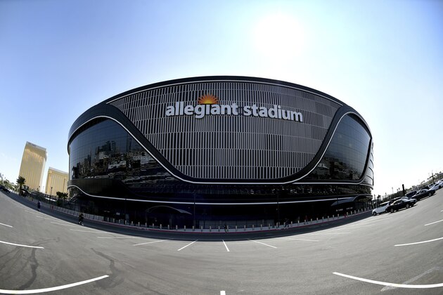 The exterior of Allegiant Stadium is seen prior to an NFL football game between the Las Vegas Raiders and the New Orleans Saints, Monday, Sept. 21, 2020, in Las Vegas. (AP Photo/David Becker)