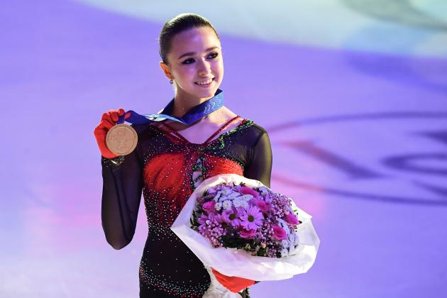 First-placed Kamila Valieva of Russia poses for photos during the awarding ceremony for the women's competition at the ISU European Figure Skating Championships in Tallinn, Estonia, Jan. 15, 2022. (Photo by Sergei Stepanov/Xinhua via Getty Images)