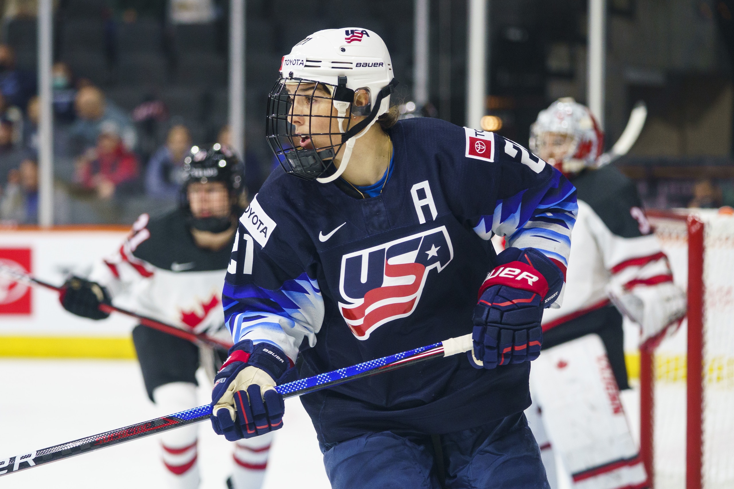 United States' Hilary Knight looks for the puck during the second period of the team's hockey game against Canada, Friday, Oct. 22, 2021, in Allentown, Pa. (AP Photo/Chris Szagola)