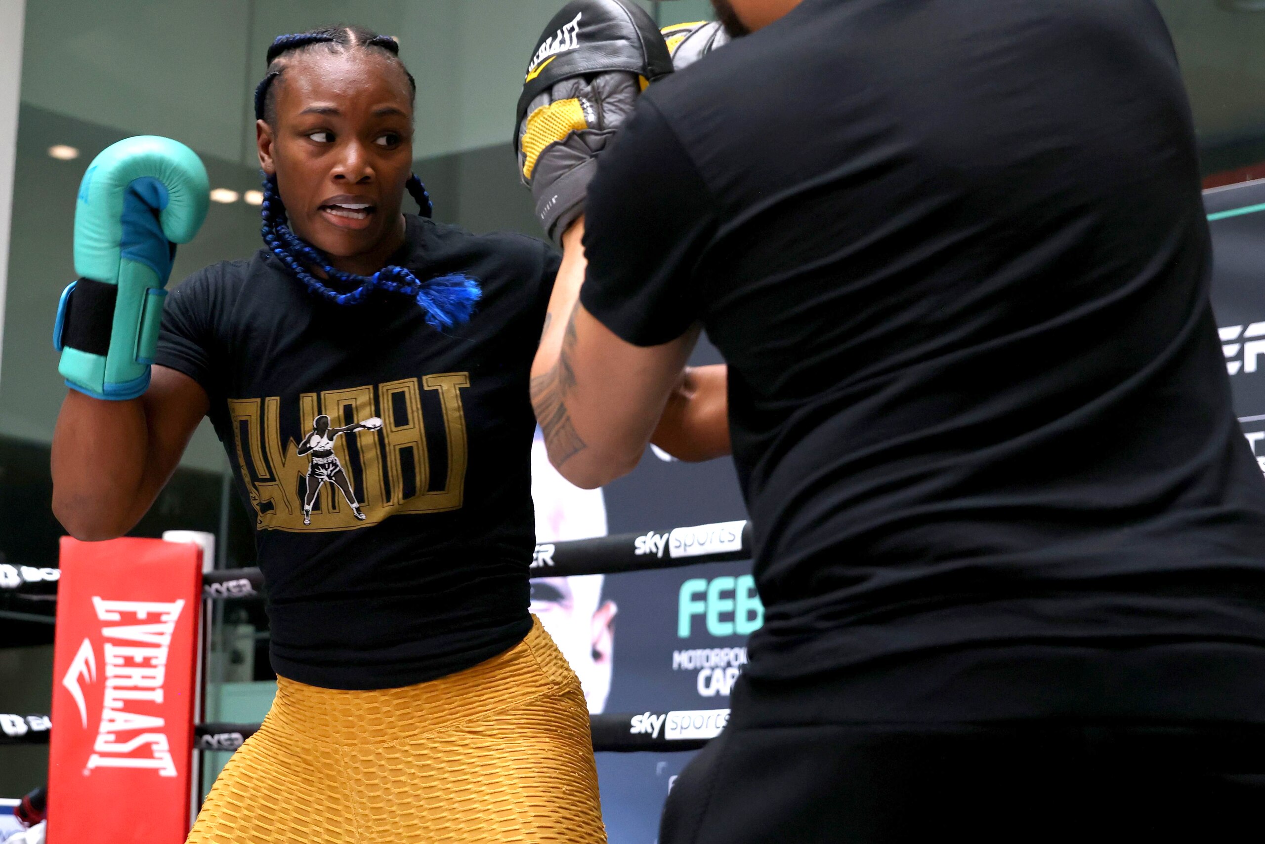 CARDIFF, WALES - FEBRUARY 02:  Claressa Shields of the USA takes part in the BOXXER Media Work Out ahead of her forthcoming fight with Slovenia's Ema Kozin, at the Capitol Shopping Centre on February 02, 2022 in Cardiff, Wales. The bout takes place on Saturday 5 February 2022 at Motorpoint Arena, Cardiff, Wales, United Kingdom. (Photo by Huw Fairclough/Getty Images)