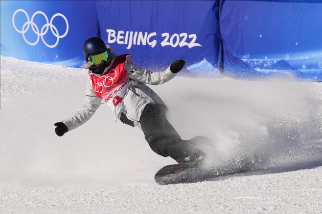 Austria's Anna Gasser competes during the women's slopestyle qualifying at the 2022 Winter Olympics, Saturday, Feb. 5, 2022, in Zhangjiakou, China. (AP Photo/Francisco Seco)