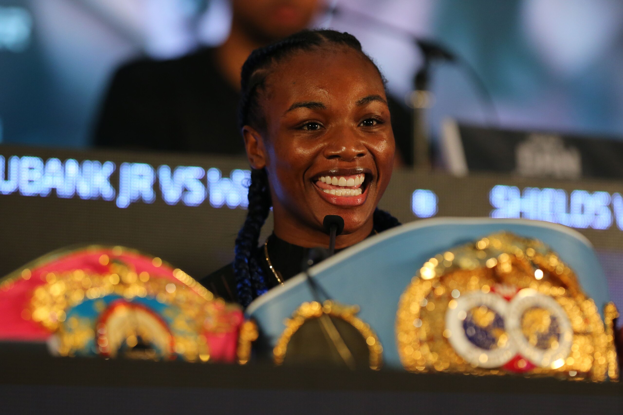 CARDIFF, WALES - FEBRUARY 03:  Claressa Shields sits with her belts during a press conference held at Cardiff City Hall to promote the forthcoming BOXXER fight night, on February 03, 2022 in Cardiff, Wales. (Photo by Huw Fairclough/Getty Images)